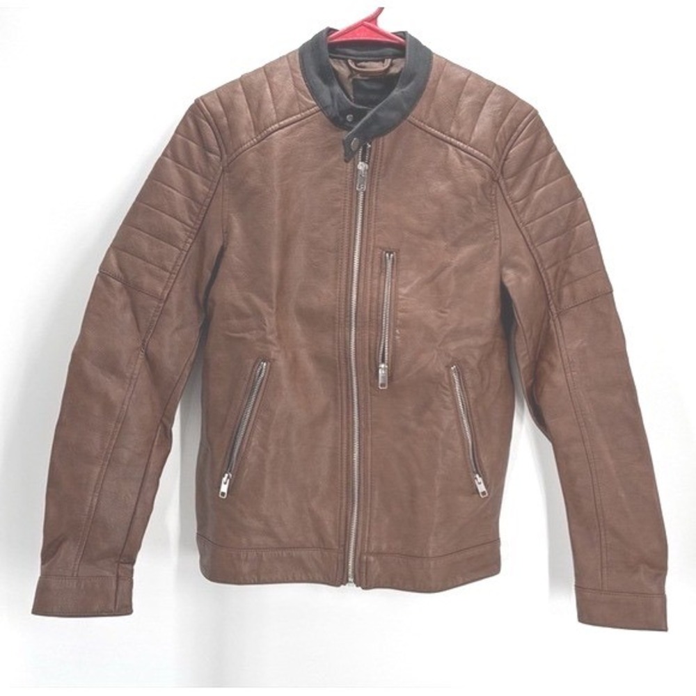 H&M Faux Leather Moto Jacket Mens M Brown Cafe Racer Biker Grunge Casual H & M
